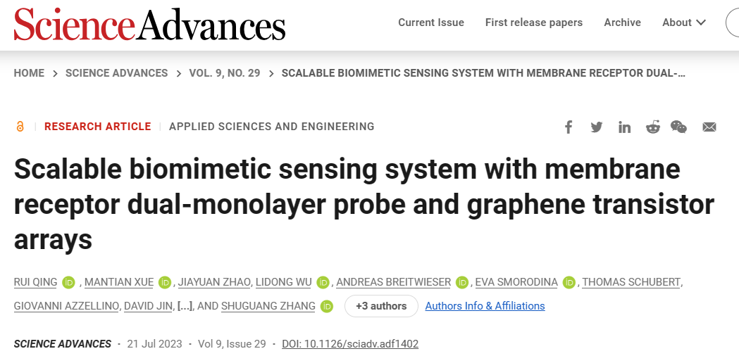 Sci. Adv.：基于膜受体双单层探针和石墨烯晶体管阵列的可扩展仿生传感系统