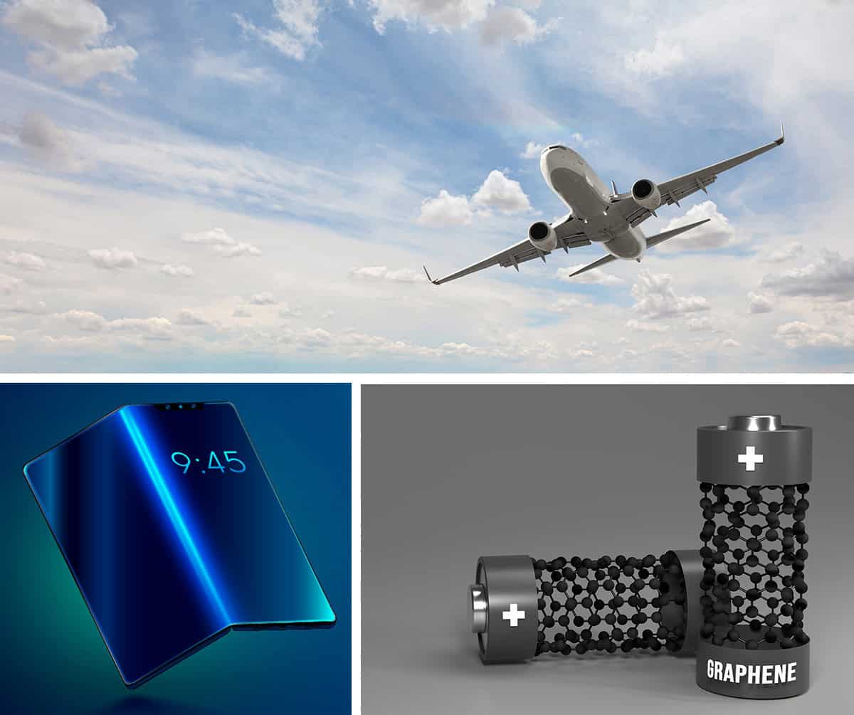 Market strengths Being so strong, light and such a good conductor, graphene has a myriad of applications, but the biggest will be in electronic devices, batteries and composite materials. (Courtesy: plane Shutterstock/muratart; phone Shutterstock/Andrey Suslov;  batteries Shutterstock/PabloUA)