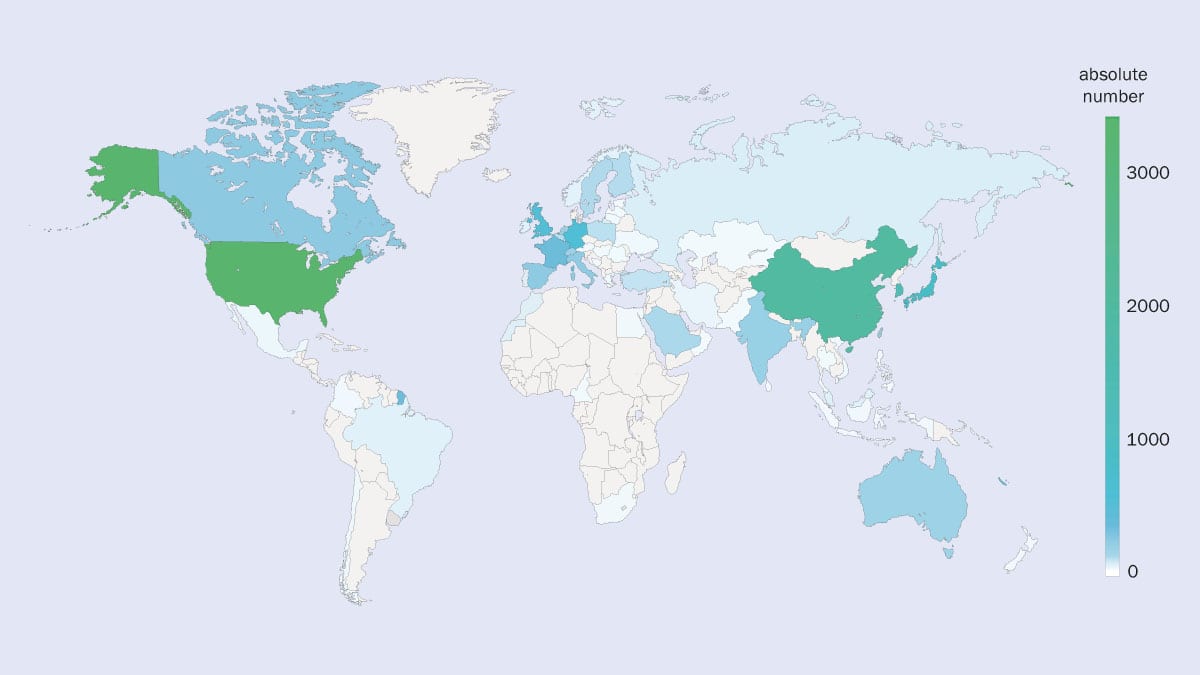 China and the US hold more patents in graphene than any other country, measured in terms of the nationality of inventors who took out patents with priority dates between 2000 and 2020. Based on a keyword search for “graphene” in the title or abstract of patent, the information shown includes everything from practical applications of graphene to methods for making this 2D material. (Courtesy: 2D Materials 11 022002, IOP)