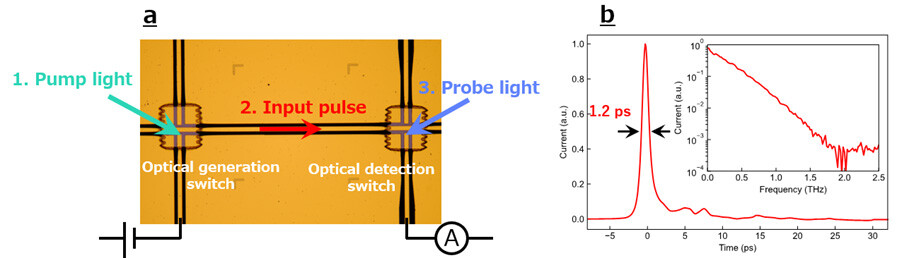 Figure 2 (a): Pump/probe spectroscopy combined with a laser pulse and a photoconductive switch enables the generation and detection of THz input pulses on a waveguide. (b): The actual measured THz input pulse. It has a pulse width of 1.2 ps and a frequency component of 0-2 THz.