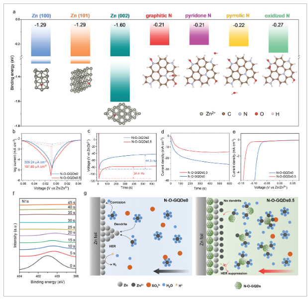 上海理工大学《AFM》：氮氧共掺石墨烯量子点作为无枝晶锌阳极的微量两性添加剂