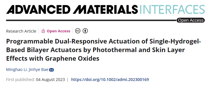 加州大学《AMI》：基于单水凝胶的双层致动器的可编程双响应驱动，通过氧化石墨烯的光热和皮肤层效应