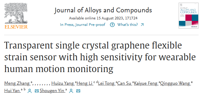 天津理工大学《J ALLOY COMPD》：透明单晶石墨烯柔性应变传感器，用于可穿戴人体运动监测